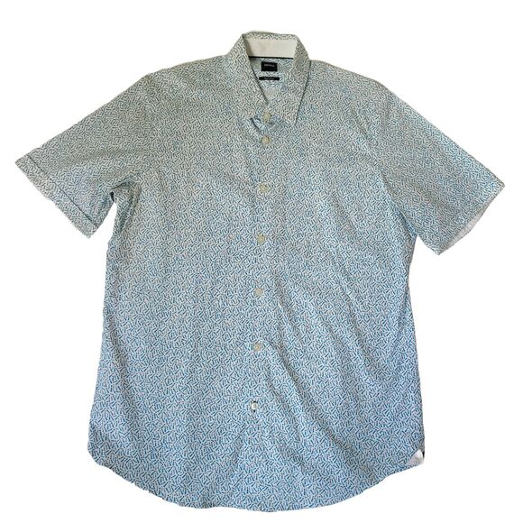 Hugo Boss Shirt Men L Blue White Geometric Print Button Front Short Sleeve - Picture 1 of 10